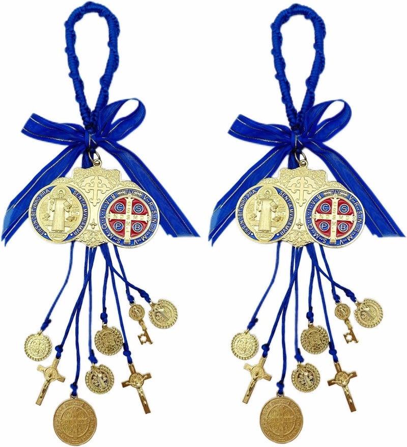 Bovemee Escapularios Catolicos,2PCS Golden Saint Benedict Medal Protection Blessing Charm, St Benedict Crucifix, Catholic Handmade Jewelry Gift Car Hanging Home Decor (2PCS Blue Medal) - Image 1